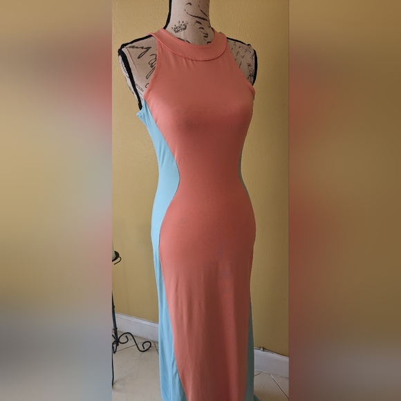MAXI Bodycon Baby Blue & Peach Color Block Dress Size Small/Medium - Picture 5 of 6